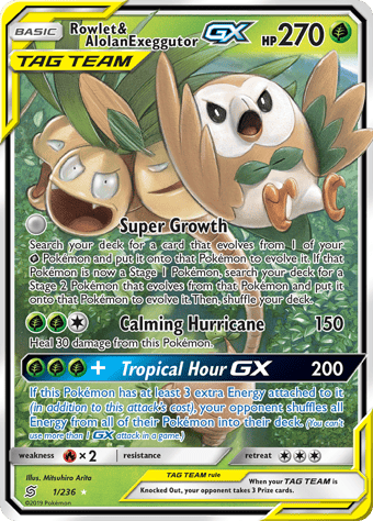 Rowlet & Alolan Exeggutor-GX Unified Minds Pokemon Card
