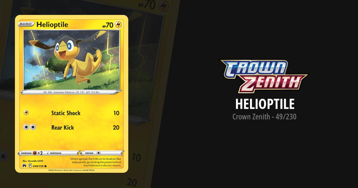 helioptile pokemon card value HelioptileSolar Sparks of the Mega Evolution This is #143/132 a stunning Illustration Rare Pokmon from the Mega Evolution (ME01) expansion (2025) . Featuring artwork by Akira Komayama , it Static Shock 10 Pokemon Trading Card Game Crown